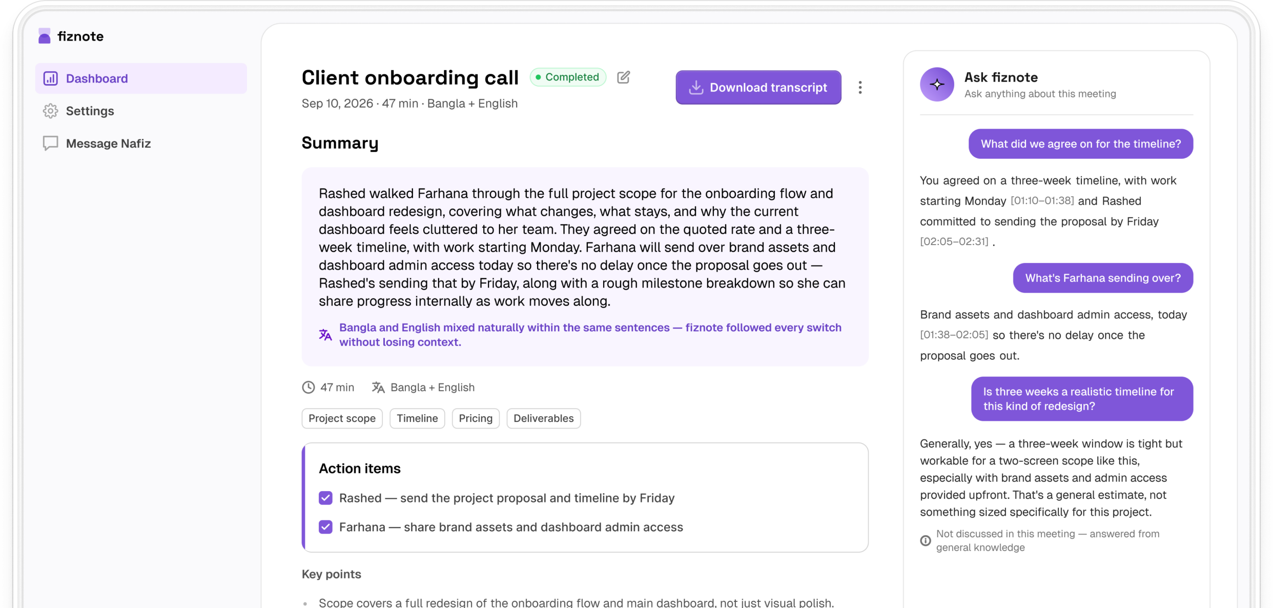 fiznote's Recording detail screen with a summary, action items, and the Ask fiznote panel