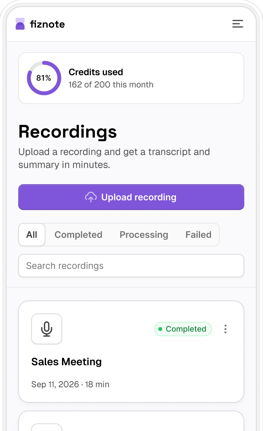 fiznote's Dashboard screen on mobile, showing credits and a list of recordings