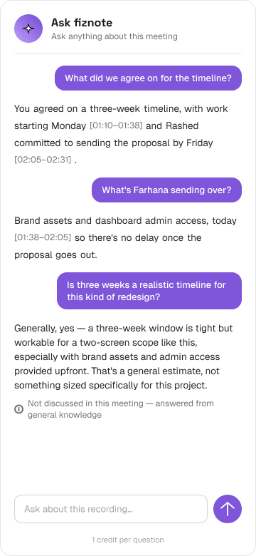 The Ask fiznote chat panel answering a question with a cited transcript timestamp