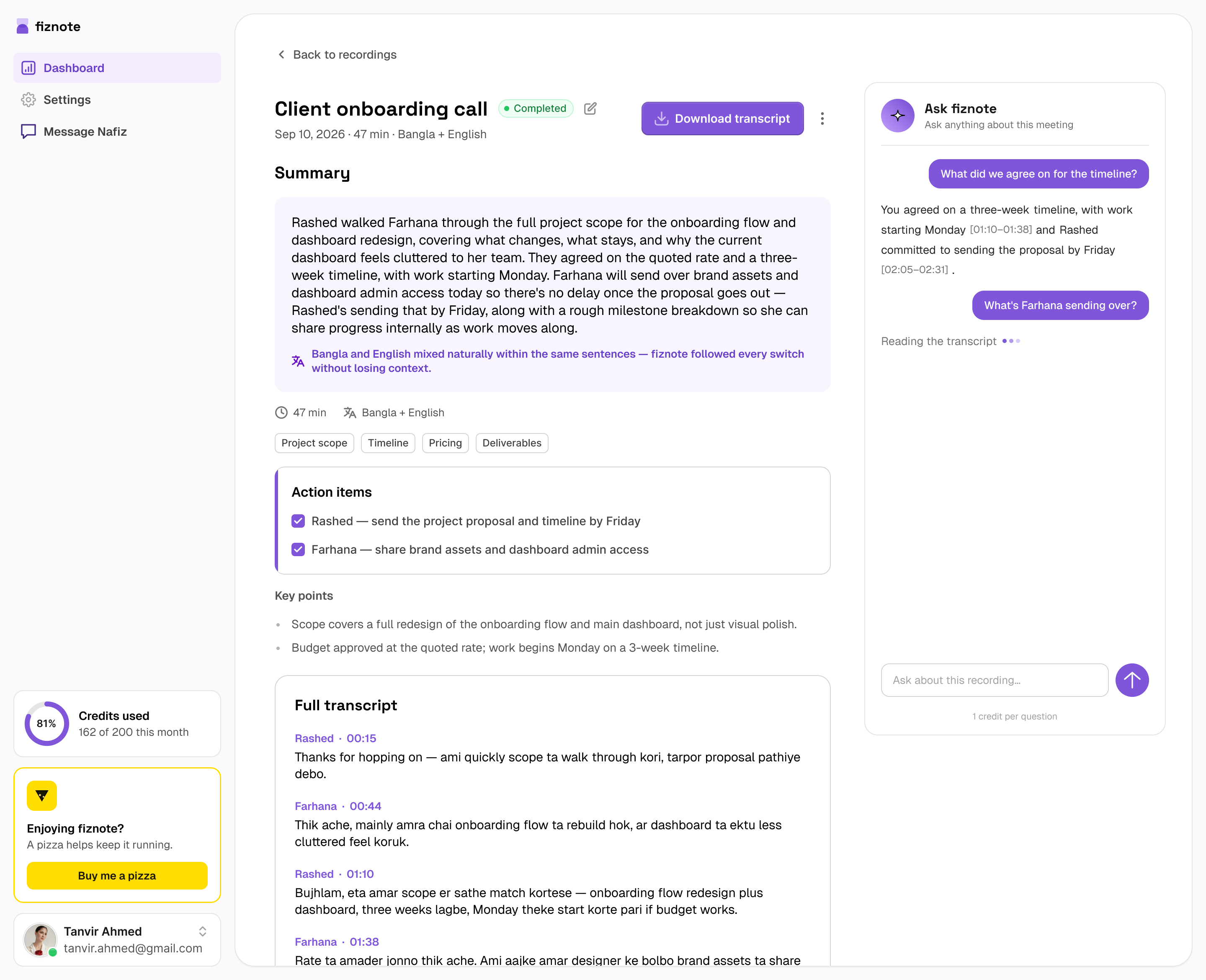 fiznote's Recording detail screen showing a summary, action items, and full transcript