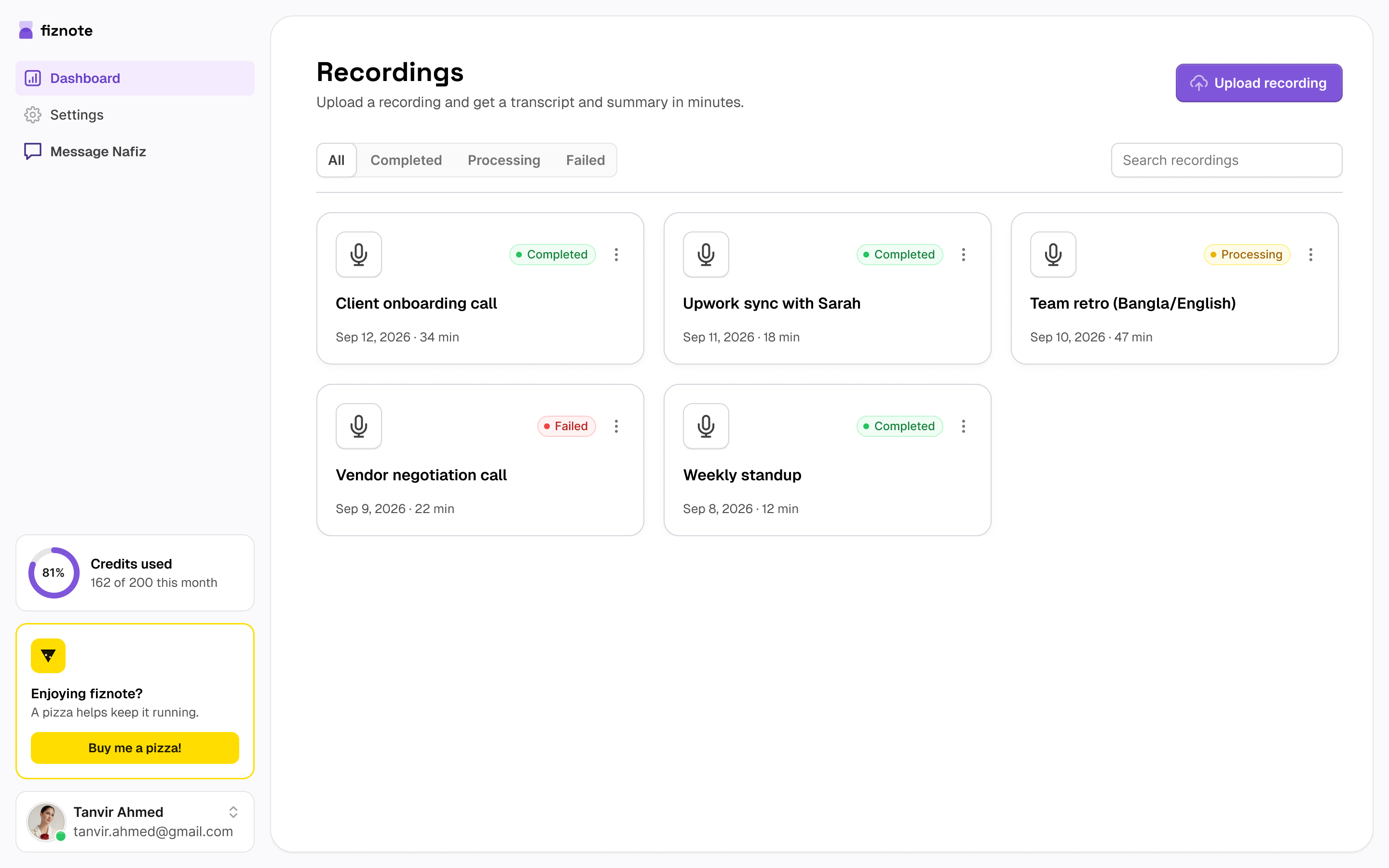 fiznote's Recordings dashboard showing a list of uploaded meetings